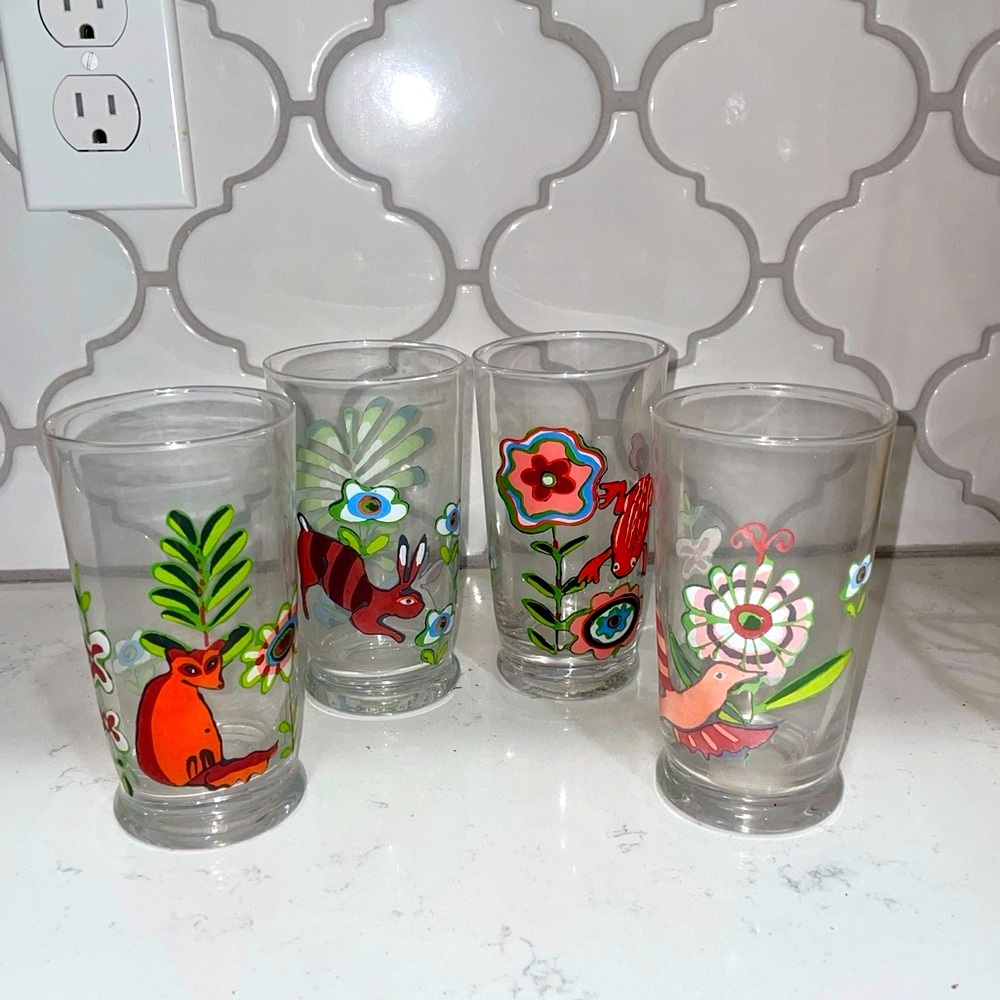 HALLMARK Hand Painted Animal Flowers Set of 4 juice glass 8oz